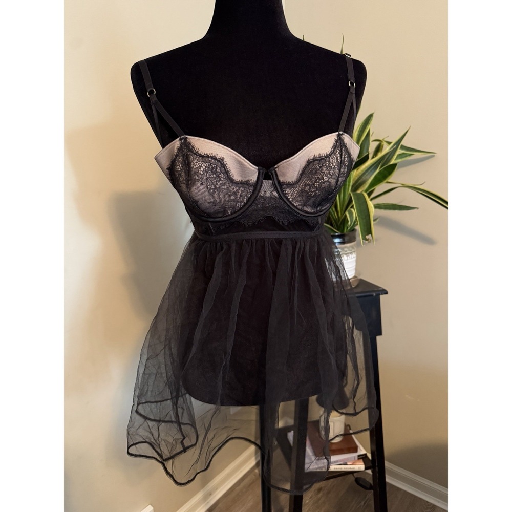 Victoria's Secret Black‎ Lace Babydoll Lingerie 34D Sheer Mesh Underwire